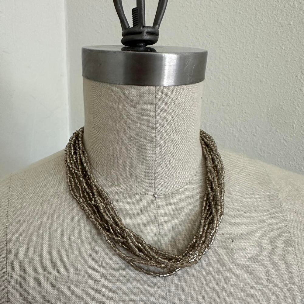Vintage Multi-Strand Silver Metallic Seed Beaded Necklace